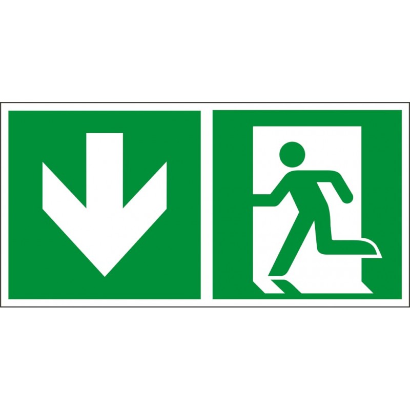 Tabliczka Kierunek do wyjścia w dół (za drzwiami) w lewo - Znak bezpieczeństwa