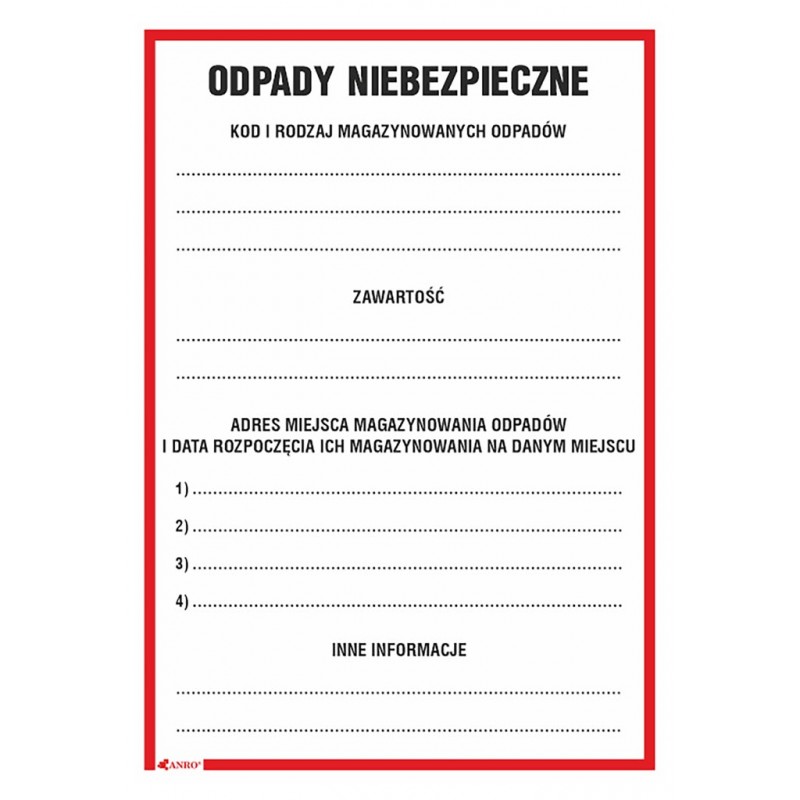 Etykieta informacyjna Odpady niebezpieczne Etykieta informacyjna Odpady niebezpieczne