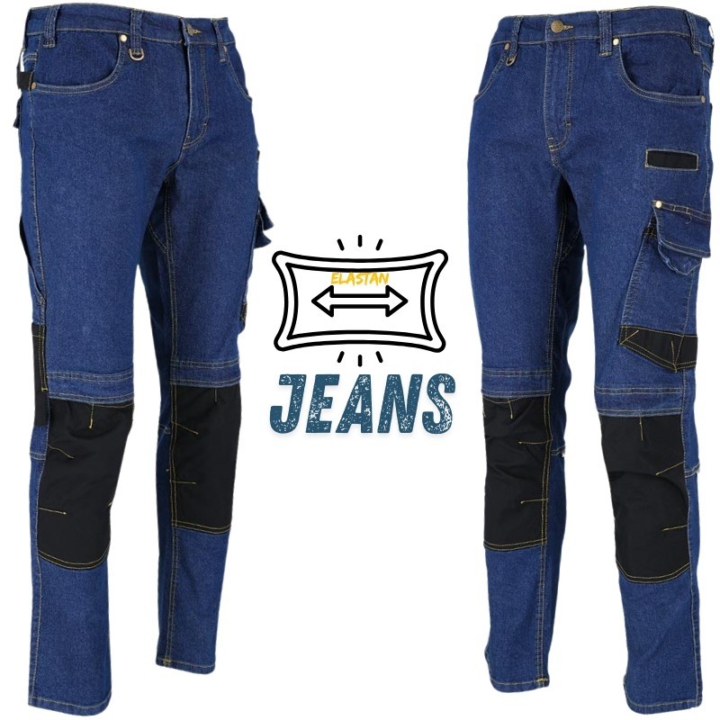 reis jeans303-t, spodnie robocze elastyczne, męskie jeansy granatowe, niebieskie